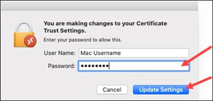 Red arrows to Password and Update Settings